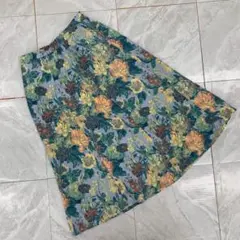 スカートブルー系 花柄総柄ミディ丈Aライン 裏地付き ポリエステル