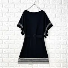 アダムエロぺ【38】美品 黒系 ニットチュニックワンピース ベルト付 ストレッチ
