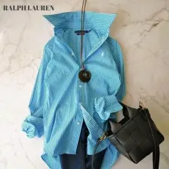 超美品　ラルフローレン　ブルー　ストライプシャツ　綿100%　スリムフィット