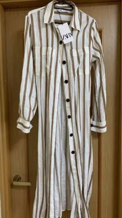 新品.未使用☆ZARA ストライプシャツロングカーディガン ワンピース