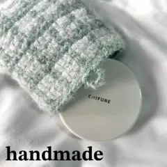 ポーチ 編み物 小物入れ かぎ針編み チェック 白 水色 手編み キラキラ 冬