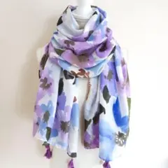 【9】大判ストール パープル ブルー インポート フラワー柄 トレンドカラー