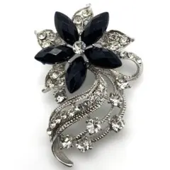 花モチーフ ラインストーン ブローチ ブラック ヴィンテージ風 アンティーク調