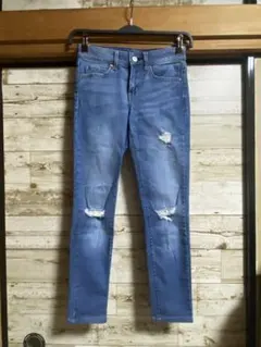 ユニクロ ダメージ スキニー デニムパンツ 22 ブルー 股下62