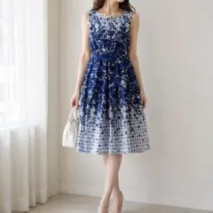 美品 アナイ ノースリーブ ワンピース ジャガード 36 ネイビー ロング
