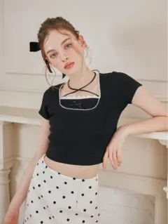 スクエアネックレースリブカットトップス