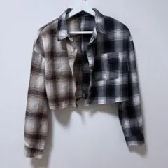 チェック クロップドシャツ 長袖 シャツ 切替デザイン Y2K 韓国ファッション