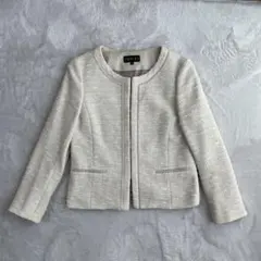INDIVI ツイード ノーカラー ジャケット アイボリー