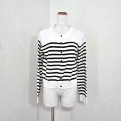H&M ボーダーカーディガン（M）長袖 ホワイト×ブラック 定番 ニット