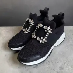 ビジュー スニーカー ブラック 厚底 メッシュ 軽量