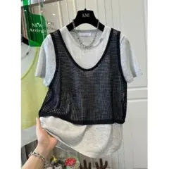 Tシャツ オシャレ フェイクインナー ゆったり 半袖 透かし編み チョッキ