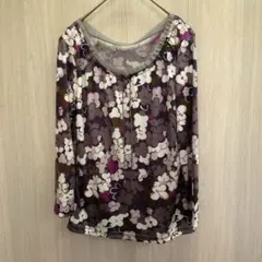 レディース トップス カットソー チュニック 長袖 花柄 総柄 ネイビー フリー