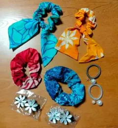 ハワイアン シュシュ リボン ヘアクリップ ８点セット