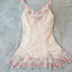 【未使用に近い】グンゼピンク花柄 レース装飾 長めのキャミソールMサイズスリップ