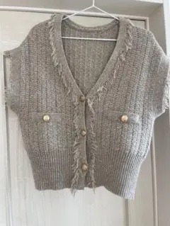 andme アンドミー ツイードVネック金ボタンフリンジニットベスト ベージュ