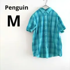 【古着】ブルー チェックシャツ M 半袖 ペンギン 水色 襟付き カジュアル