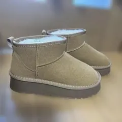 ベージュ ファー付き ショートムートンブーツ 36