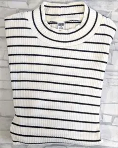 ユニクロ リブボーダー長袖T M 白黒 ハイネック風 きれいめ