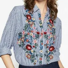 インスタで話題☆ZARA ザラ系☆花柄刺繍入りストライプシャツ シャツ L