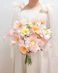 ウェディングブーケ　パステルブーケ　ブートニア付き　アーティフィシャルフラワー