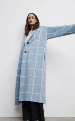 ZARA 水色 チェック柄 ニットロングコート　タグ付き　新品　保管品