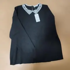 clasiiki チャコール　襟レース付きニット　XL　シャンブル