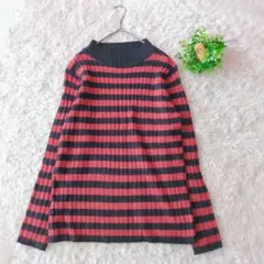 ボーダーリブニット 長袖　セーターM 赤×黒 ハイネック 伸縮性あり レディース