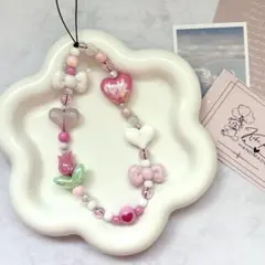 ピンク×ホワイト　ビーズストラップ　#111