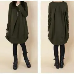 XLサイズ カーキ：ゆったりコクーンワンピ☆着やせ効果 新品 体型カバー 送込