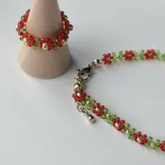 【着画あり】赤お花セット ビーズブレスレット ビーズリング ハンドメイド 韓国