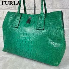 FURLA フルラ A4 トートバッグ クロコ型押し 南京錠 グリーン