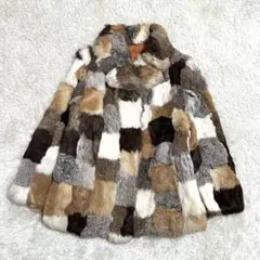 毛皮コート　ファーコート　パッチワーク　ラビット　ミックス　M