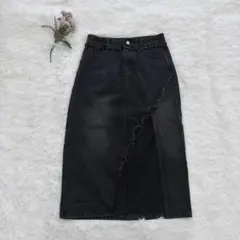 ENLIKE ブラックデニム ロングスカート Lサイズ深スリット ダメージ加工