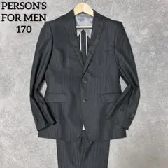 美品PERSON'S FOR MEN 薄手ブラックストライプメンズビジネススーツのサムネイル
