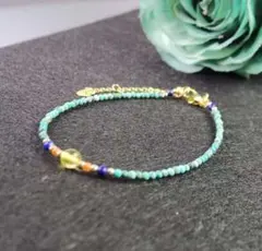 人気2㎜「エスニック風」天然ターコイズ*ラピスラズリ*琥珀　繊細ブレスレット