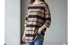 【美品】着痩せ 美シルエット ボーダー チュニック カットソー　 七分袖 茶×黒