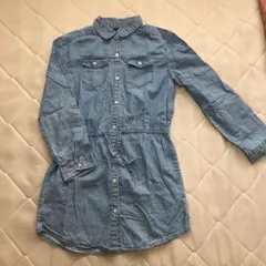 水色ドット　デニム風長袖ワンピース　チュニック