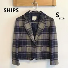 【SHIPS】テーラードジャケット ショート丈 S チェック ネイビー