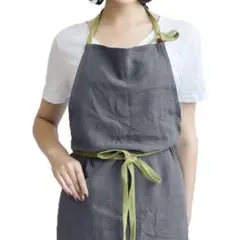 【新品】リネン風 エプロン グレー×グリーン 丈長 男女兼用 カフェ 料理のサムネイル