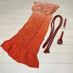 【着物小物】帯揚げ 帯締め2本 麻の葉 菊 平組紐 丸組紐 赤橙 朱色 CO27