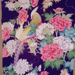 正絹古布縮緬　紫地に雉や花