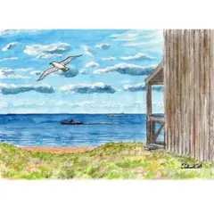 原画一点物　「冬の海」　＜ペンスケッチ＋透明水彩＞