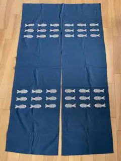 未使用 インド製 綿 魚模様 のれん 暖簾 大判 ロング 大型 青系 新品 魚柄