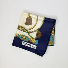 美品 CELINE セリーヌ トリオンフ シルク スカーフ ネイビー系 タグ