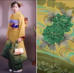 早期割引 正絹黄色地振袖単品 グリーン牡丹柄 成人式 卒業式 結婚式に 