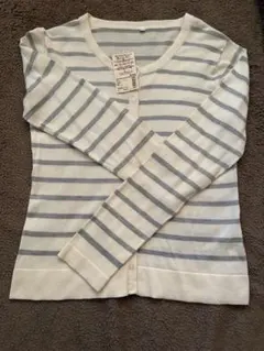 『無印良品』クルーネックボーダーカーディガン　オフ白×グレー　Lサイズ