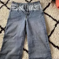 ダークブルー ハイウエスト ワイドレッグデニム