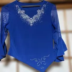 社交ダンス、青いビーズ装飾フレア袖レッスンウェア