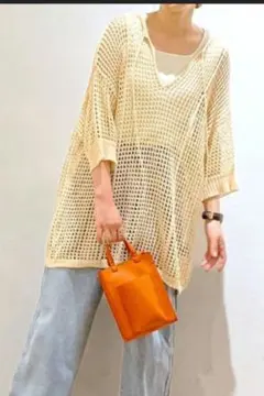 ローリーズファーム　ベージュ 網目編み 半袖トップス Fサイズ