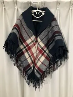 ワールド　ネイビー チェック柄 ポンチョリバーシブル